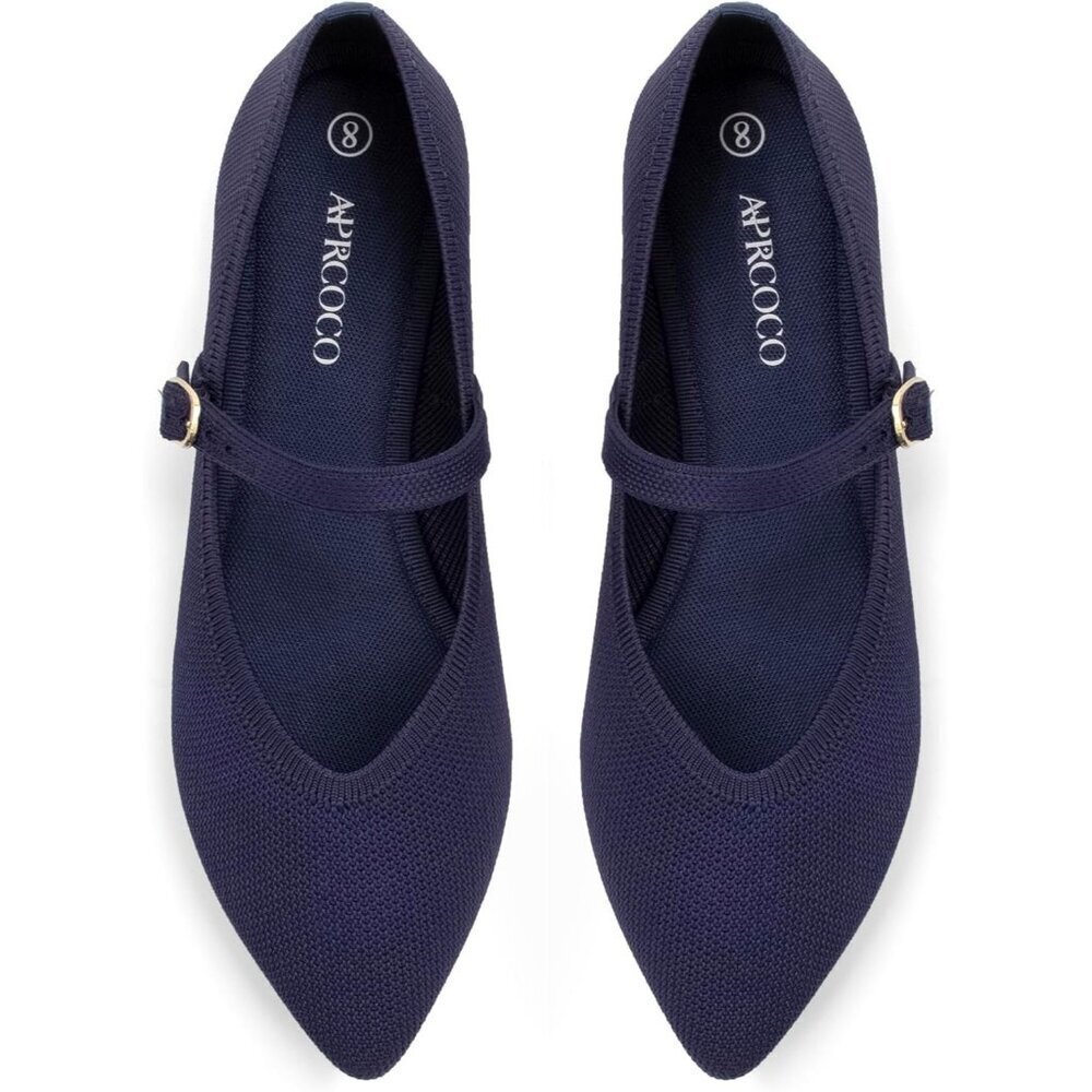 Women's Blue Knit Pointed Toe Ballet Flat with Ankle Strap Casual Comfort Shoes